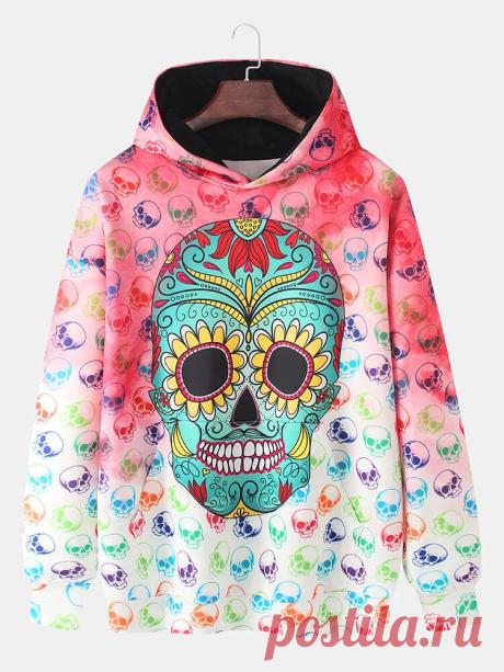 Mens Halloween Allover Skull Ombre Print Loose Kangaroo Pocket Hoodies - US$29.99