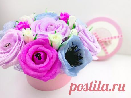 Нежный букетик роз и анемонов из гофрированной бумаги с конфетами. » Женский Мир