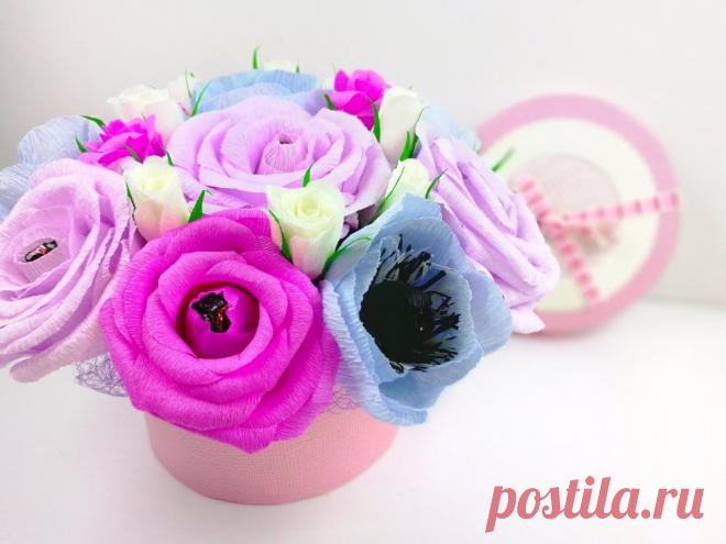 Нежный букетик роз и анемонов из гофрированной бумаги с конфетами. » Женский Мир