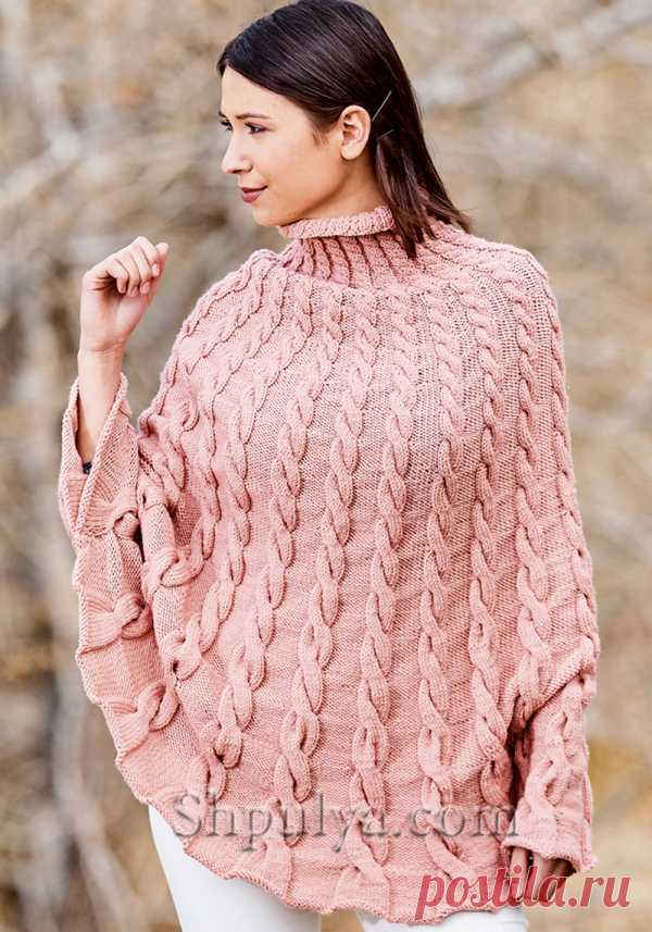 Абрикосовое пончо узором из «кос» - SHPULYA.com