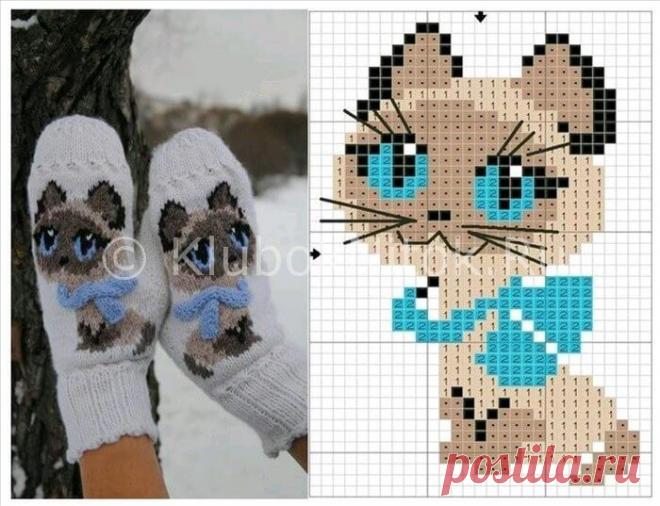 Варежки с котиком | Варежки | Вязание спицами и крючком. Схемы вязания.
