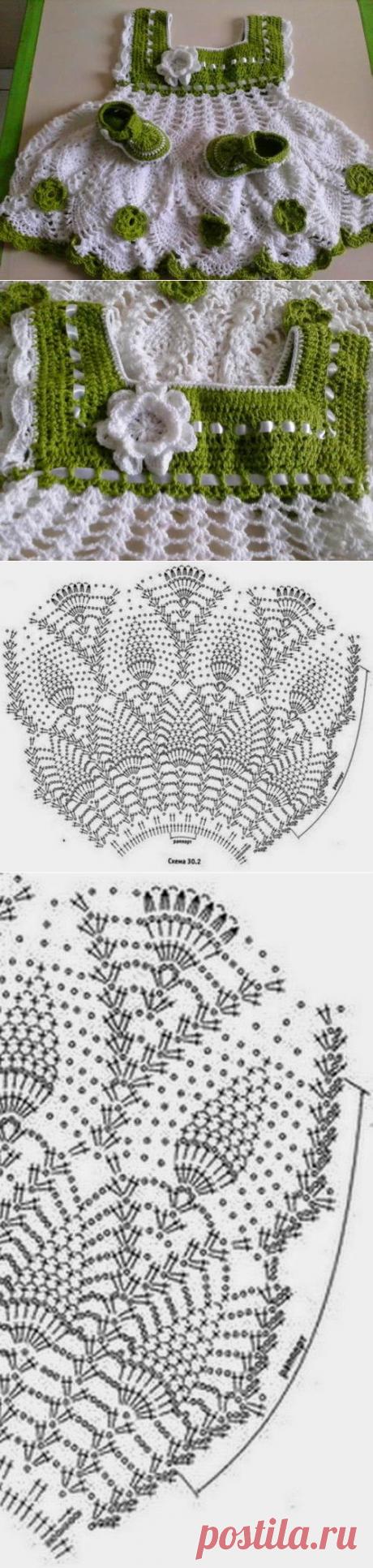 فستان بنوته صغيره اخضر من الكروشيه مع الباترون ~ خيط وابره