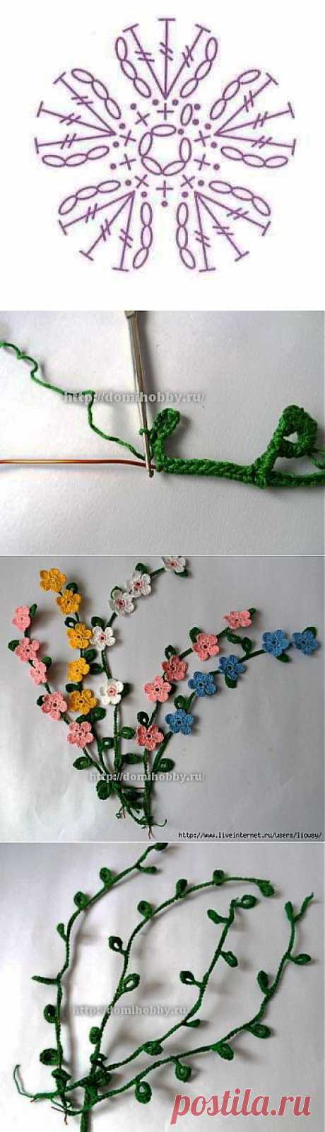 Весенний букет из вязаных веточек с цветами .