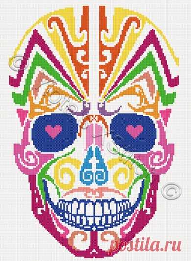 Rainbow sugar skull counted cross stitch kit Rainbow sugar skull counted cross stitch kit.Counted cross stitch kit with whole stitches only. Kit contains: Cross stitch pattern Fabric - see options available Threads pre-wound on plastic card bobbins Needle Instructions