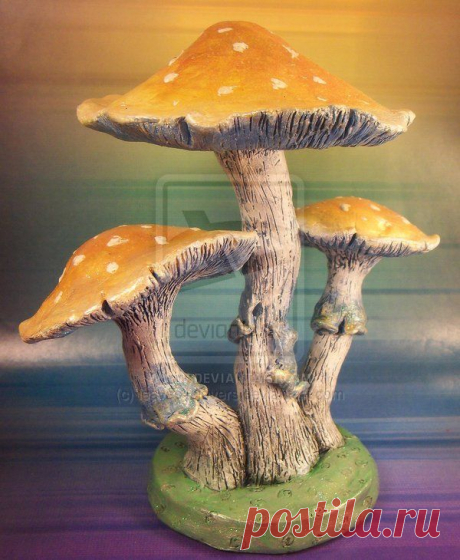 The mushrooms and their base are created with ProSculpt Polymer Clay over a wire armature. Painted with quality acrylics.