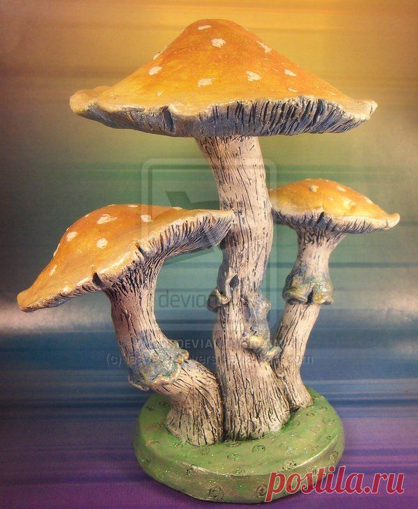 The mushrooms and their base are created with ProSculpt Polymer Clay over a wire armature. Painted with quality acrylics.