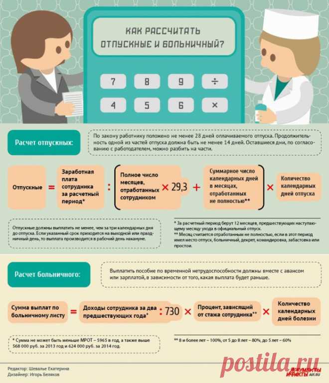 Как рассчитать отпускные и больничный?

«Меня опять обсчитали!» - эту фразу часто можно услышать от сотрудника, который вот-вот уйдёт в отпуск или же только что вернулся с больничного. Непонимание того, как именно рассчитываются эти выплаты, приводит к тому, что многие работники начинают подозревать бухгалтерию в финансовой нечистоплотности.