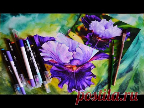 Как нарисовать ирис аквамаркерами + акварель (фон)./ How to draw iris with aquamarkers.