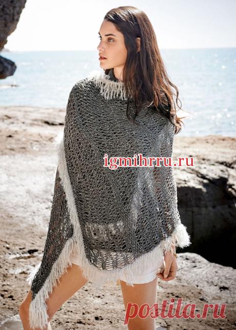 Темно-серый палантин с бахромой. Вязание спицами