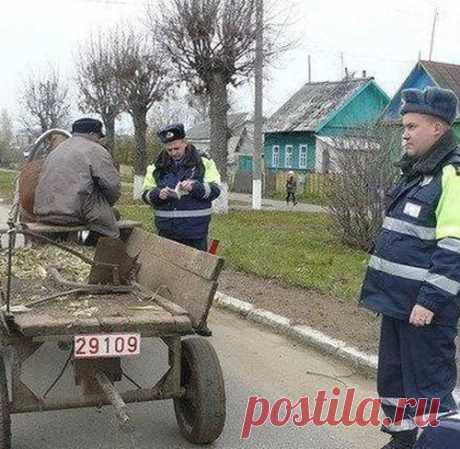 Решили два гаишника над дедом, едущим на телеге,  приколоться...