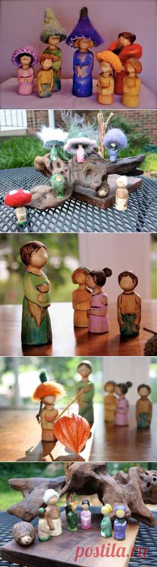 little acorns: Tutorial on Carving Peg People: Mother Earth and her Root Children (Felted Playscape: Part II)