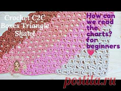 Crochet C2C Boxes Triangle Shawl / How can we read the charts? For beginners