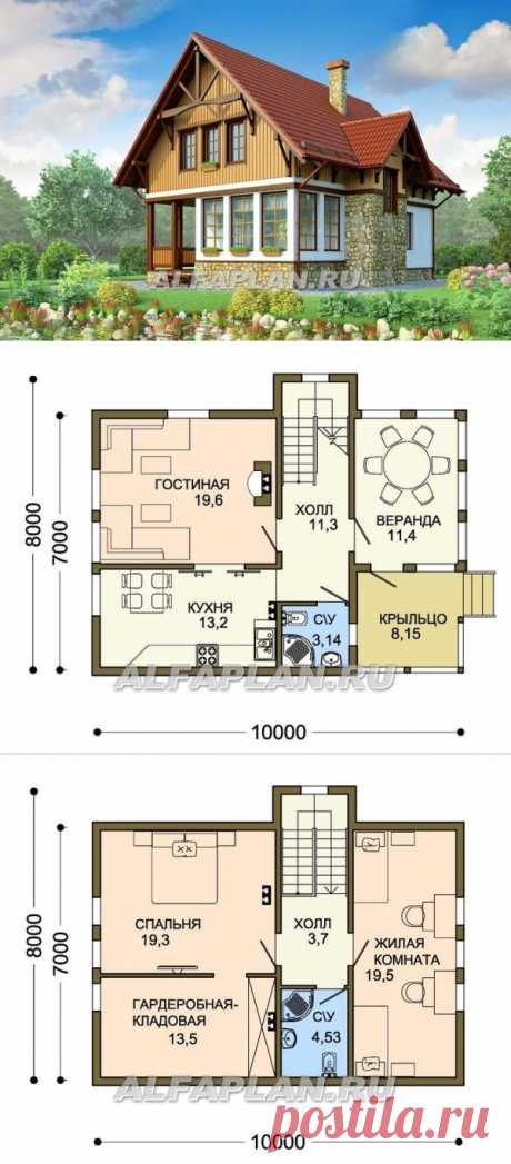 Каркасный дом с мансардой (W007), Alfaplan.ru