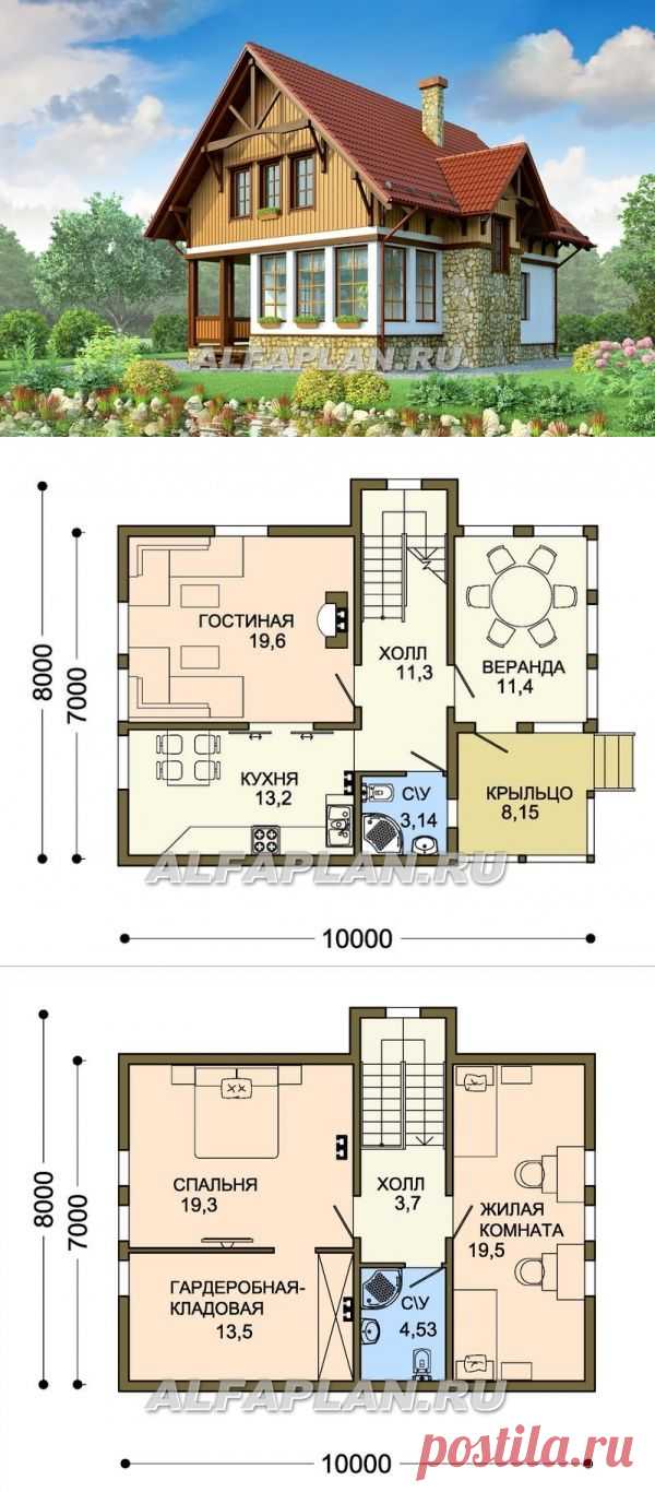 Каркасный дом с мансардой (W007), Alfaplan.ru