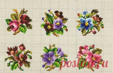 cross stitch flowers are displayed on a white background