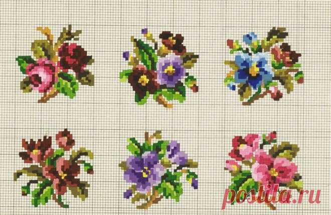 cross stitch flowers are displayed on a white background
