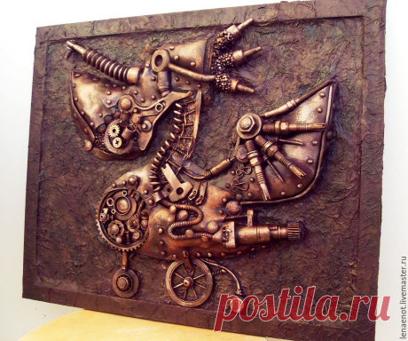 Стимпанк-панно &quot;Механический пеликан&quot; - коричневый, панно на стену, стимпанк, стимпанк механизмы, пеликан
