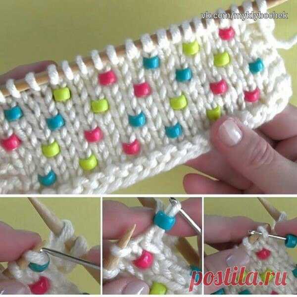 Ввязываем крупные бусины в полотно