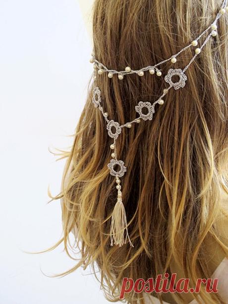 Crochet Headband or necklace hairband wedding pearl by selenayy