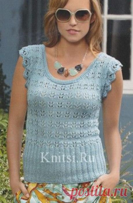Голубой топ с рукавами "крылышками". Вязание для женщин / Топы / Спицами