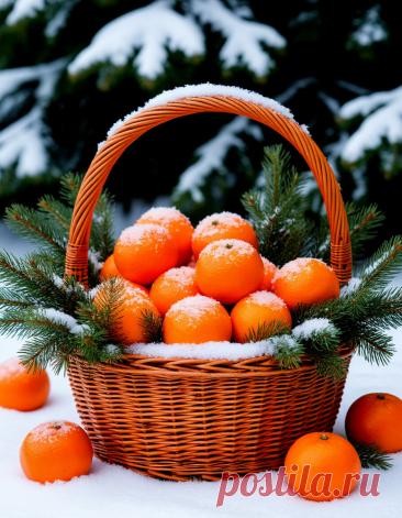 плетеная корзина, наполненная ярко-оранжевыми мандаринами и еловыми ветками. На мандаринах и хвое лежит снег. Корзина стоит на снегу. На заднем плане видны заснеженные ели. Вся сцена выполнена в зимних тонах, с преобладанием белого, зеленого и оранжевого цветов. Освещение мягкое, что создает уютную атмосферу.