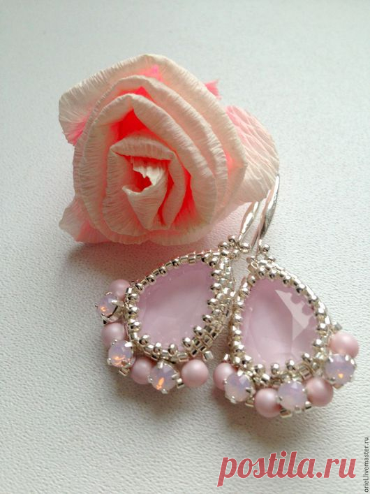 Купить Серьги с кристаллами Сваровки (Swarovski) и бисером Розовый иней - серебро, серьги серебрянные