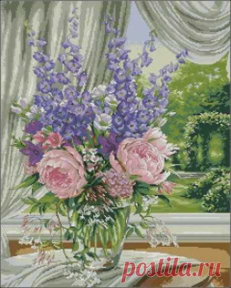 Delphiniums and Peonies-cross-stitch design | Cross-Stitch Club
