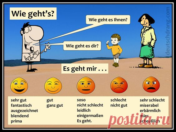 Wie geht's? - Как дела?  
20 простых ответов (по степени позитивности) 

(++) 
sehr gut - очень хорошо 
Показать полностью…