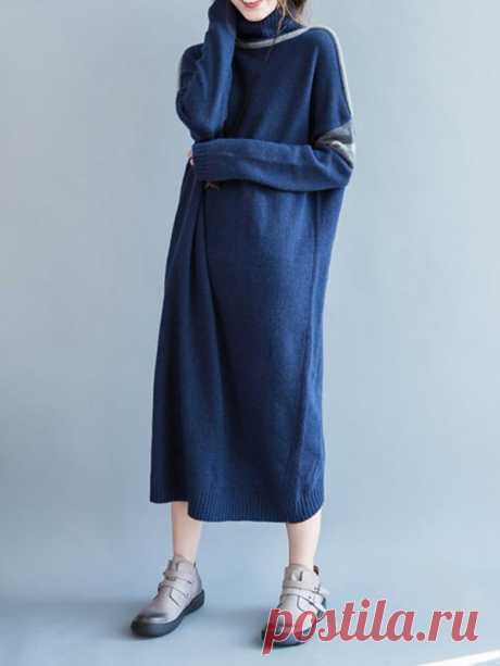 Blue High-neck Knitting Soft Sweater Dress – uoozee