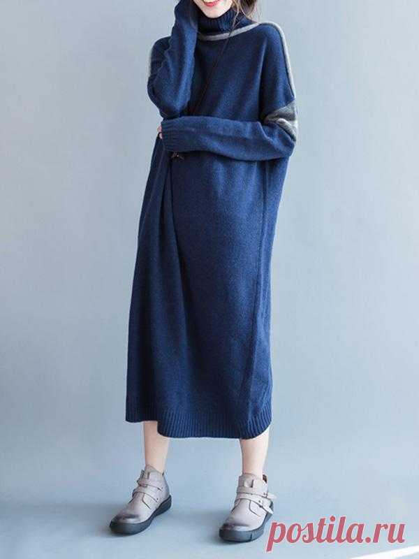 Blue High-neck Knitting Soft Sweater Dress – uoozee