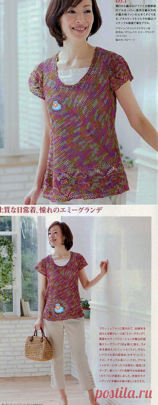 АЖУРНАЯ ТУНИКА с асимметричным узором, связанная крючком из секционно окрашенной пряжи. Схемы. /