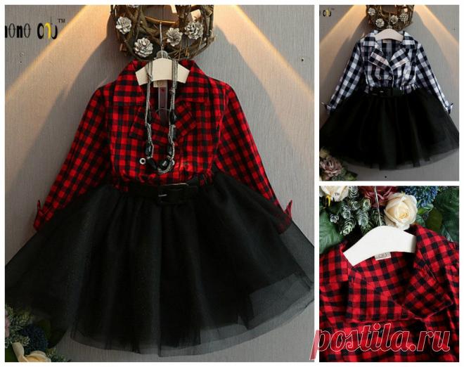 Платье-рубашка детская в клетку с пышной тюлевой юбкой-балерина - Детские платья нарядные и каждодневные / СЮРПРАЙЗ