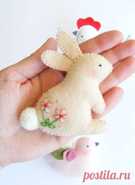 PDF pattern - Easter ornaments - Bunny, hen and dove felt ornament, easy sewing pattern, DIY wall hanging decoration, spring embroidery