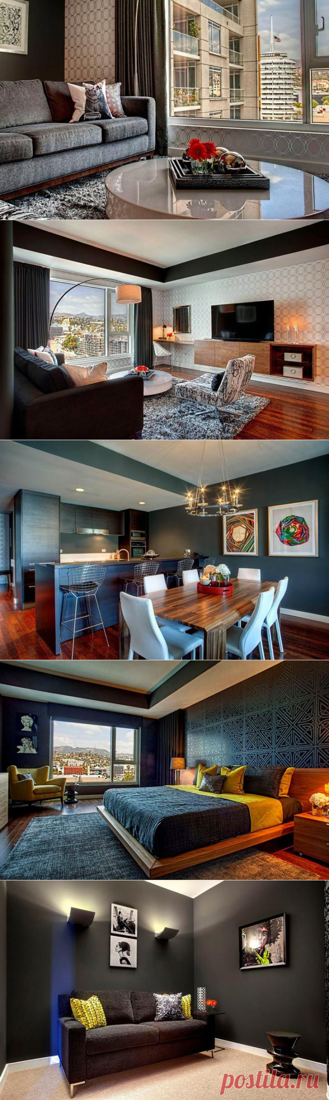 Нескучный серый в интерьере 3-комнатной квартиры - Роскошь и уют
Декор этой квартиры — яркий пример того, что самый скучный цвет может «заиграть», если его правильно использовать. Весь интерьер этой квартиры основан на оттенках серого: от светло-серого до темного цвета графита. В сочетании с белыми оттенками обоев и стульев в гостиной, горчичным цветом кресла и покрывала в спальне, а также яркими брызгами картин, темно-серый выглядит глубоким и загадочным.