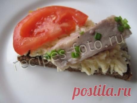 Бутерброды с селедкой, помидорами и плавленым сыром на черном хлебе на праздник