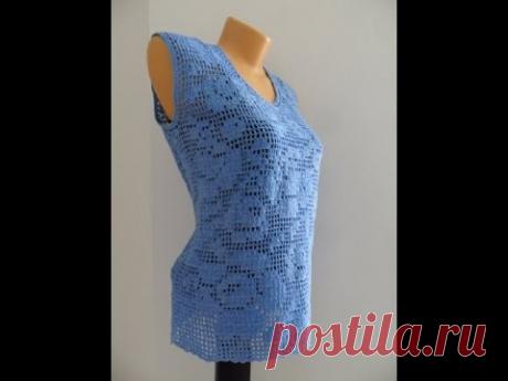 Голубой филейный  топ .Завершение ( обвязка горловины) crochet top (В №18)