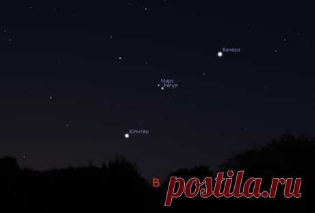 Завтра утром планета Марс (+1,8 зв.вел) будет находится в 45 угл.минутах севернее звезды Регул (Альфа Льва; +1,35 зв.вел). Смотреть нужно в 4:30-5:00 по мск. / Интересный космос