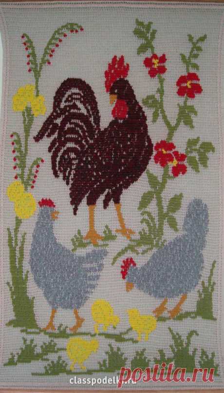 Панно «Куриная семейка» из пряжи, изготовленное в филейной технике. Крючком. МК. / Классные поделки