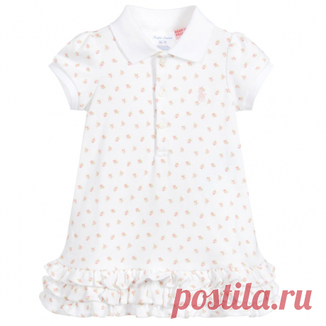 White & Pink Baby Dress Set Baby girls white dress and knickers set from Ralph Lauren, with a pink floral print. Both pieces are made in soft cotton jersey, with ribbed trim on the dress. There are pretty ruffles on the hem and the designer's iconic small pony logo embroidered on the chest.
