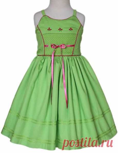 Girls Pinafore Summer Dress with Smocked Panel and Pink Ribbons