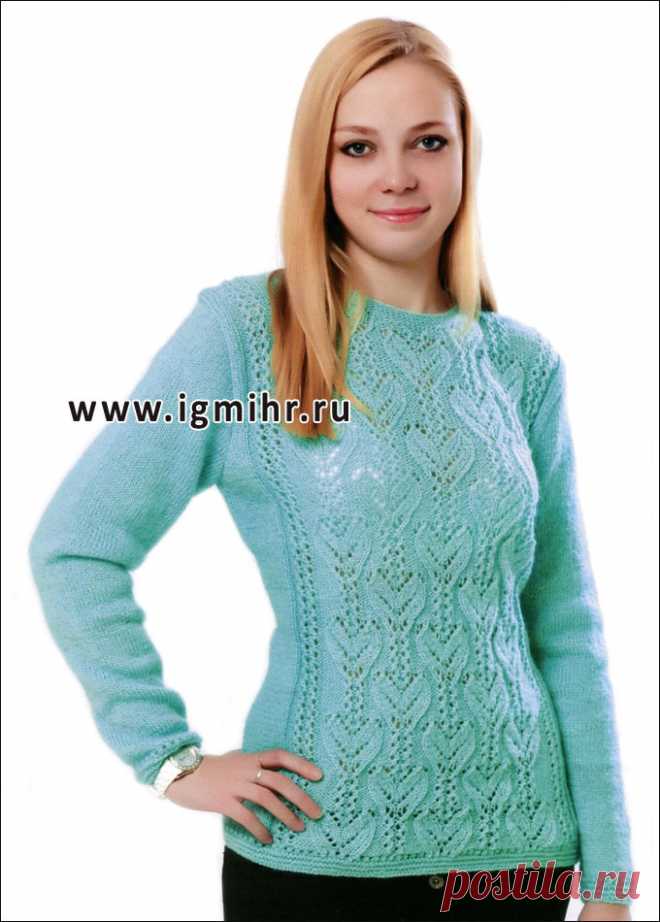 Бирюзовый ажурный джемпер, для пышной дамы. Спицы