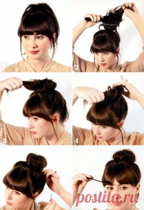 Пучок на средние волосы (42 фото): объемный, высокий, видео-инструкция как сделать прическу своими руками, фото и цена