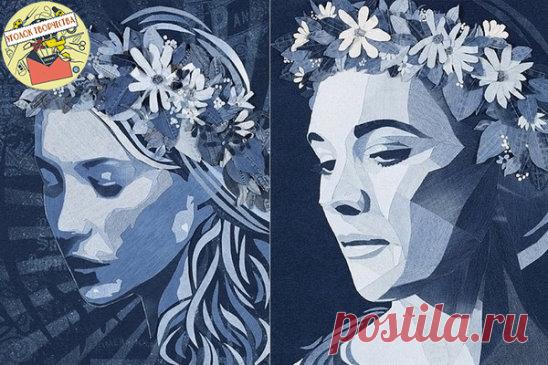 Картины и портреты из денима
Эти произведения искусства создаются из лоскутков джинсовой ткани разных оттенков синего цвета. Для этого отлично подходят старые джинсы. Идейный вдохновитель и создатель этого вида творчества – британский художник Ян Берри, не желавший расставаться с любимыми джинсами.