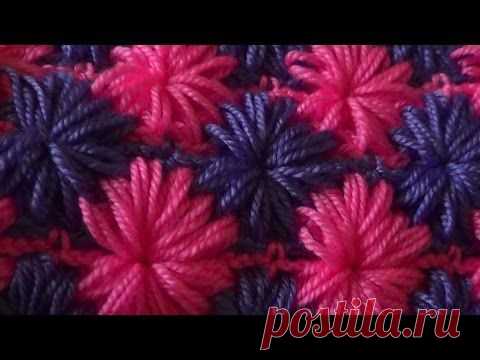 Узор цветочками из пышных столбиков. Описание вязания, схема, видеоурок