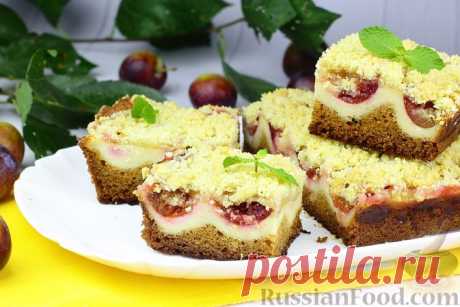 Рецепт: Пирог со сливами, творогом и штрейзелем на RussianFood.com