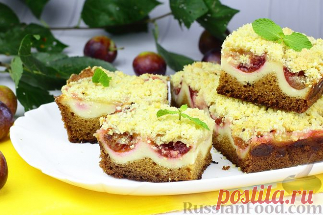 Рецепт: Пирог со сливами, творогом и штрейзелем на RussianFood.com