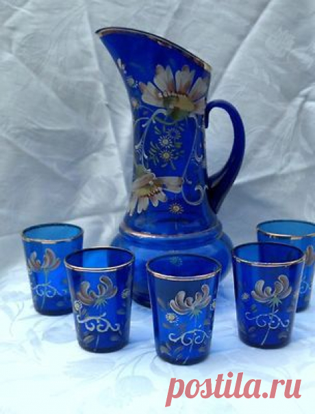 Antique Northwood Painted Enamel Floral Cobalt Blue Lemonade Pitcher &amp; Glass Set