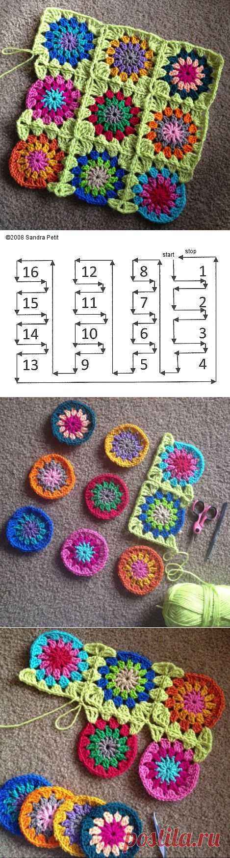 Бабушкин квадрат непрерывным вязанием. 4 части видео-МК