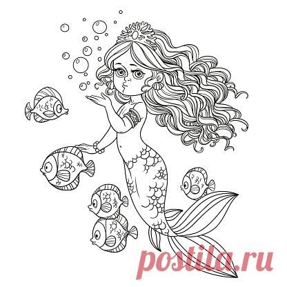 Beautiful mermaid girl sends an kiss outlined isolated on a white... Beautiful mermaid girl sends an kiss outlined isolated on a white background