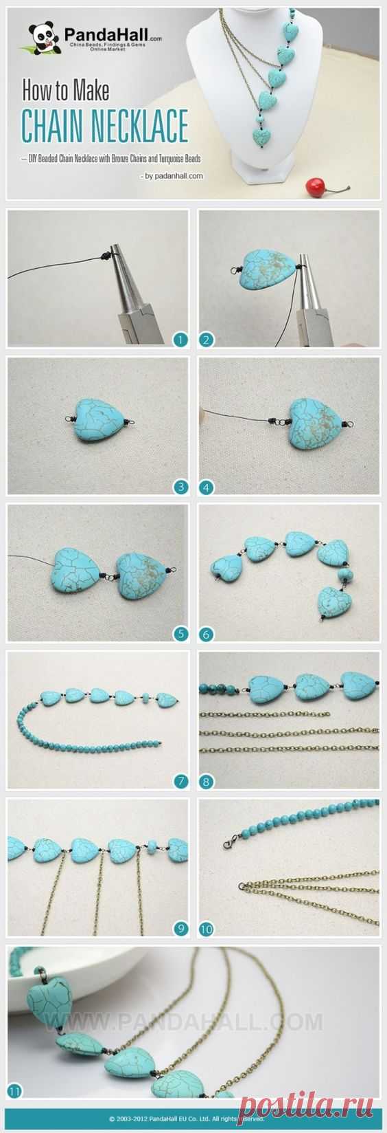 (2) How to Make Chain Necklace http://lc.pandahall.com/articles/1356-how-to-make-chain-necklace-diy-beaded-chain-necklace-with-bronze-chains-and-turquo…